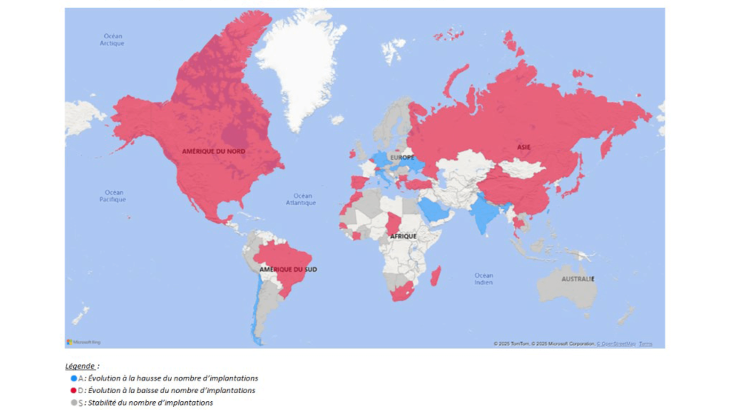 Localisation et évolution des implantations (hors France) entre 2023 et 2024