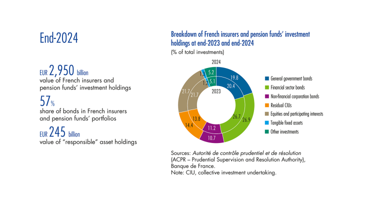 Breakdown of French insurers and pension funds' investment holdings at end 2024